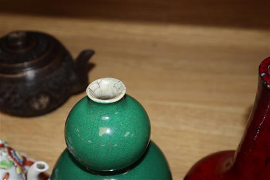 Two Chinese flambe glazed vases and a green crackle glaze double gourd vase (3) Tallest piece measures 23cm